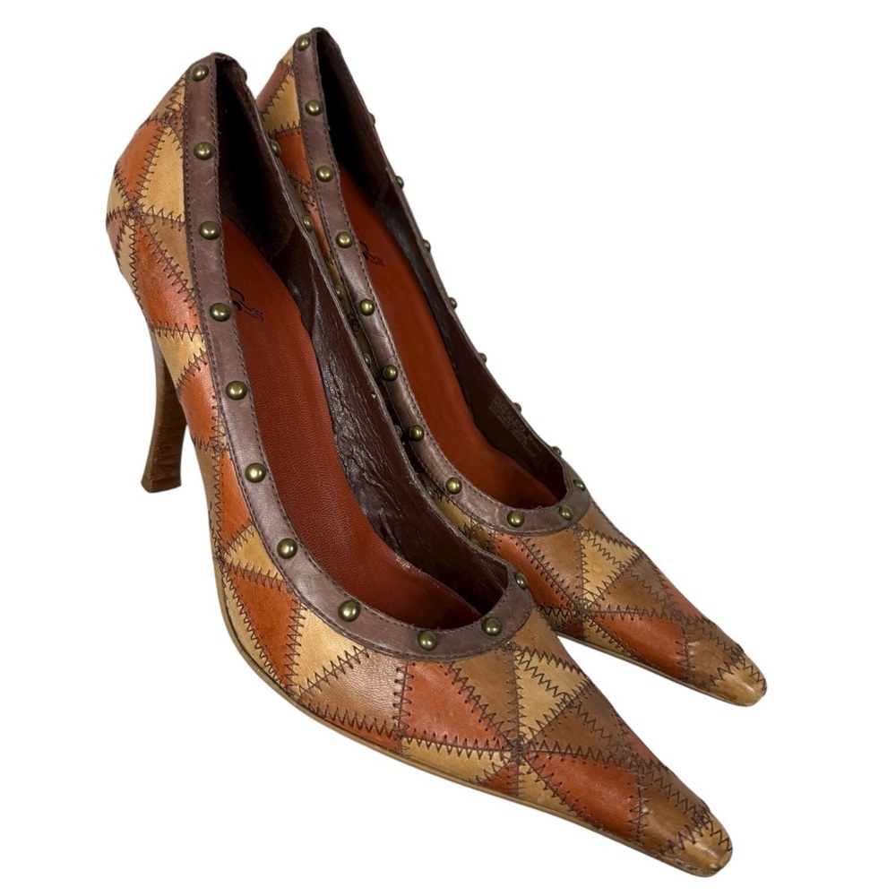 Vintage Y2K Patchwork Colorblock Leather Puzzle Pointed Toe Pulls